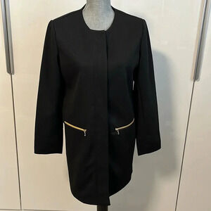 NWOT Classic Black Long Blazer Formal Lightweight Coat Lined Gold Zipper, Size M